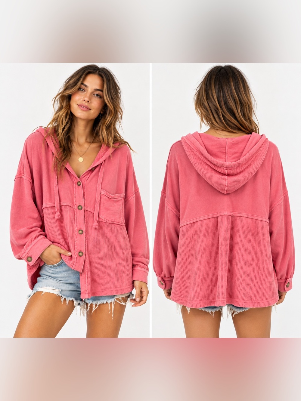 American Eagle Outfitters Washed Rose Button-Front Hooded Top